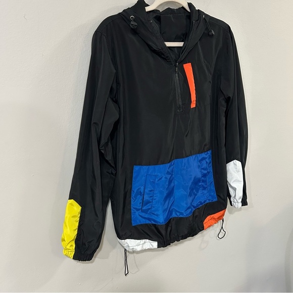 NWOT Black Blue Colorblock Windbreaker Hooded Jacket Men’s Size Medium - Picture 2 of 4